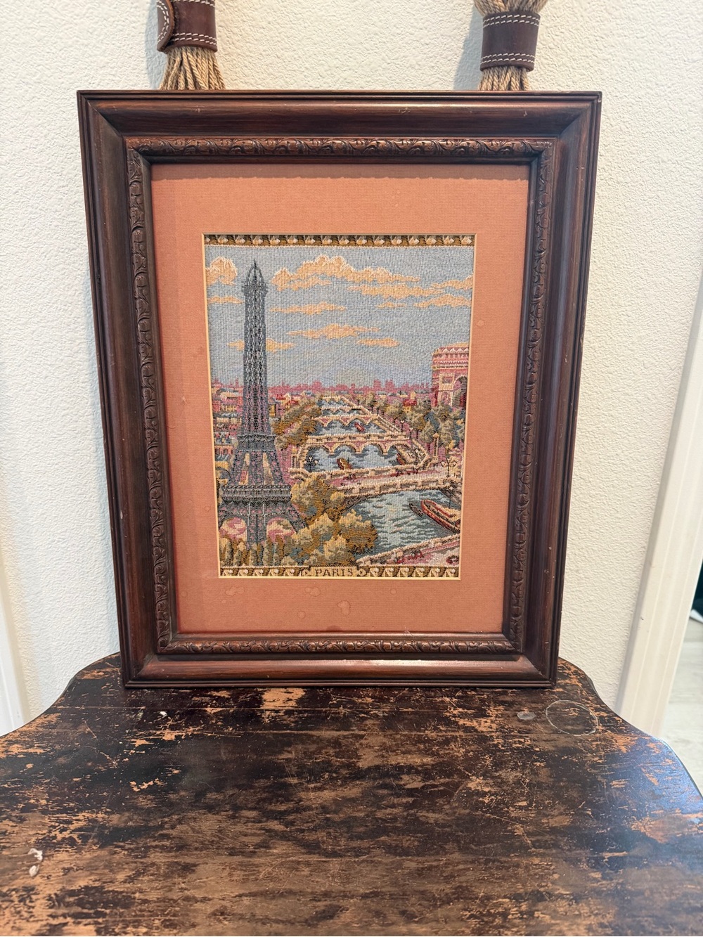Framed Tapestry Wall Art - Paris Eiffel Scene in Brown Frame